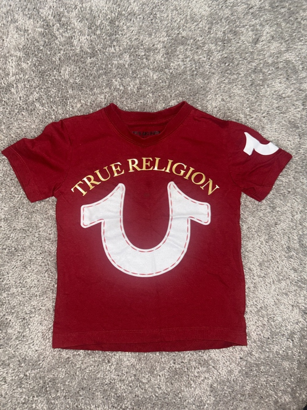 True Religion Kids Burgundy Tee with White Horseshoe and Gold Logo